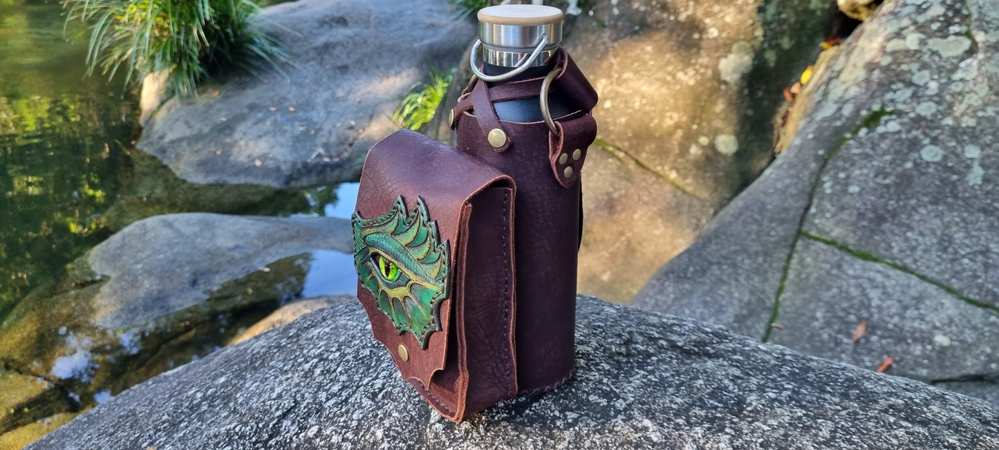 Leather Drink Bottle Holder with Dragon Eye