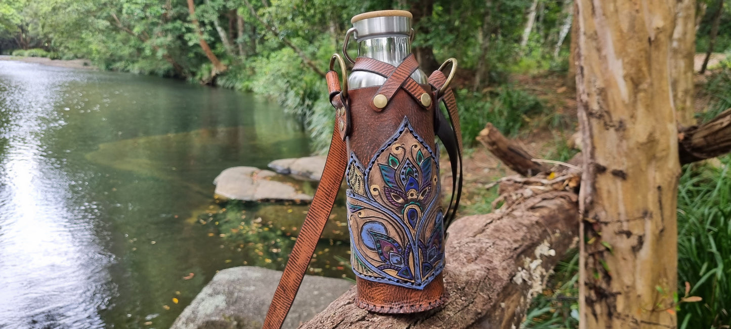 Carved Leather Drink Bottle Holder
