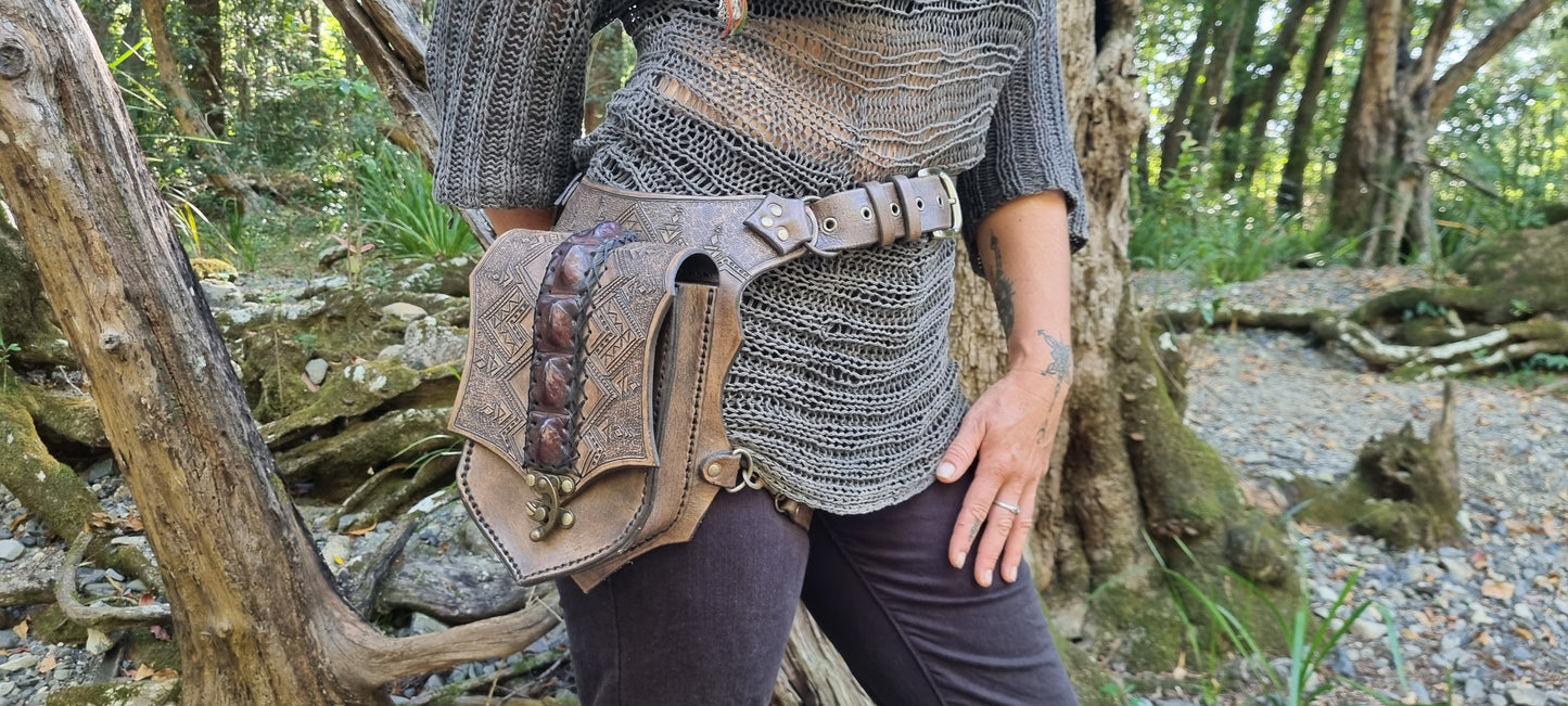 Carved Tribal Crocodile Drop Leg Bag