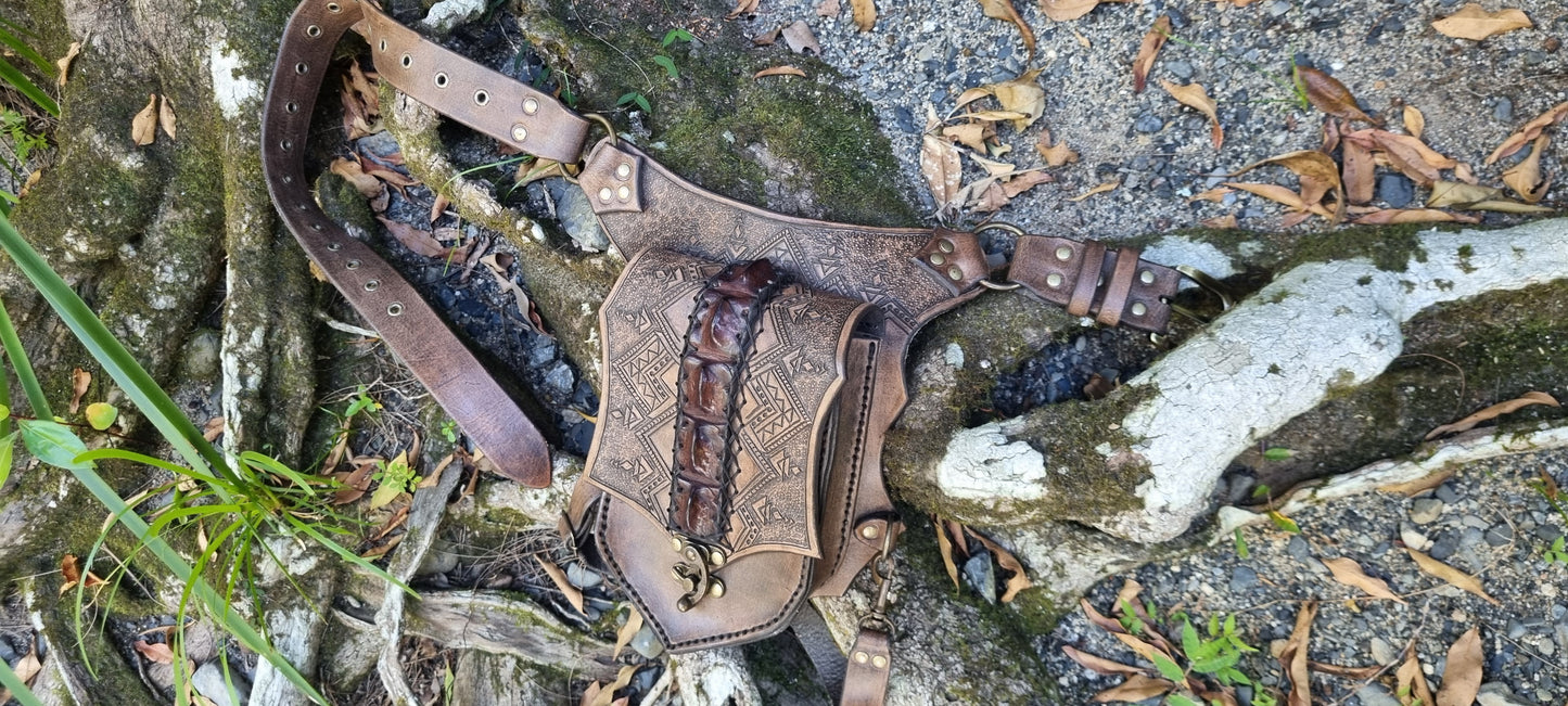 Carved Tribal Crocodile Drop Leg Bag
