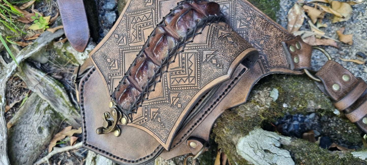 Carved Tribal Crocodile Drop Leg Bag
