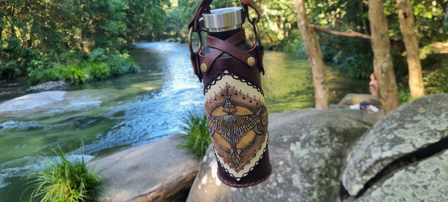 Carved Moth Leather Drink Bottle Holder