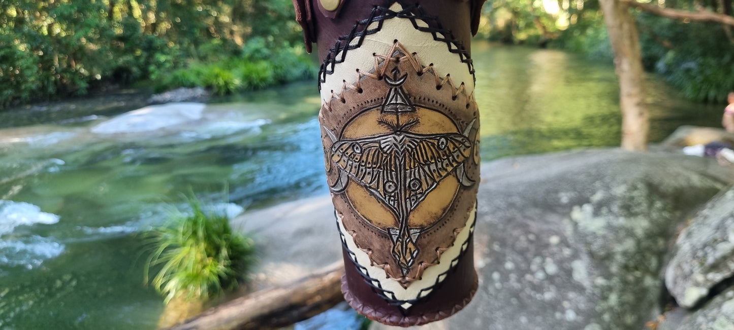 Carved Moth Leather Drink Bottle Holder