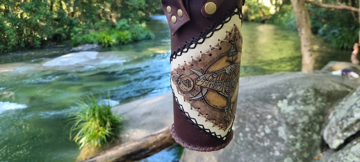 Carved Moth Leather Drink Bottle Holder