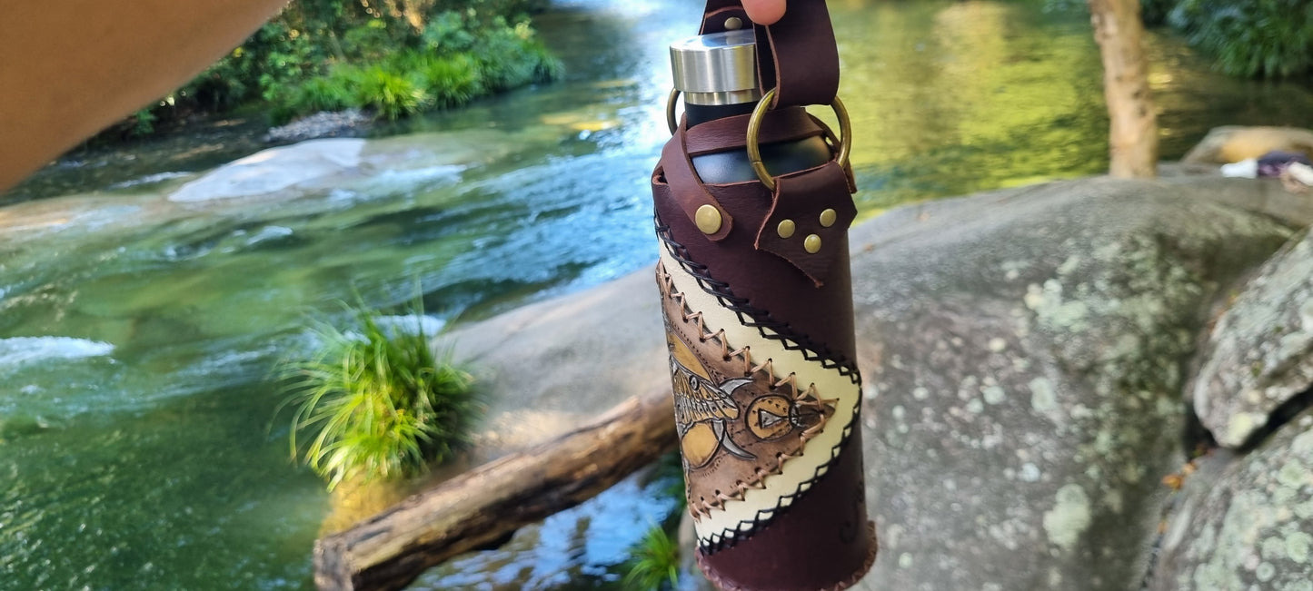 Carved Moth Leather Drink Bottle Holder