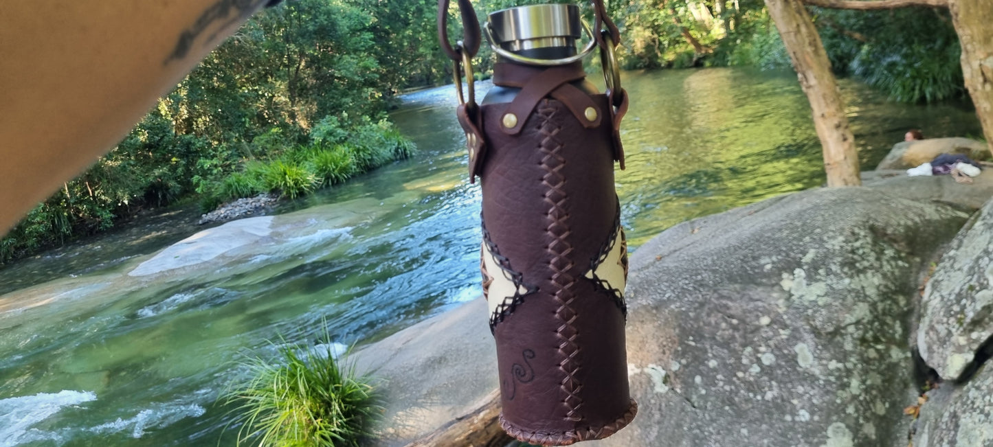 Carved Moth Leather Drink Bottle Holder