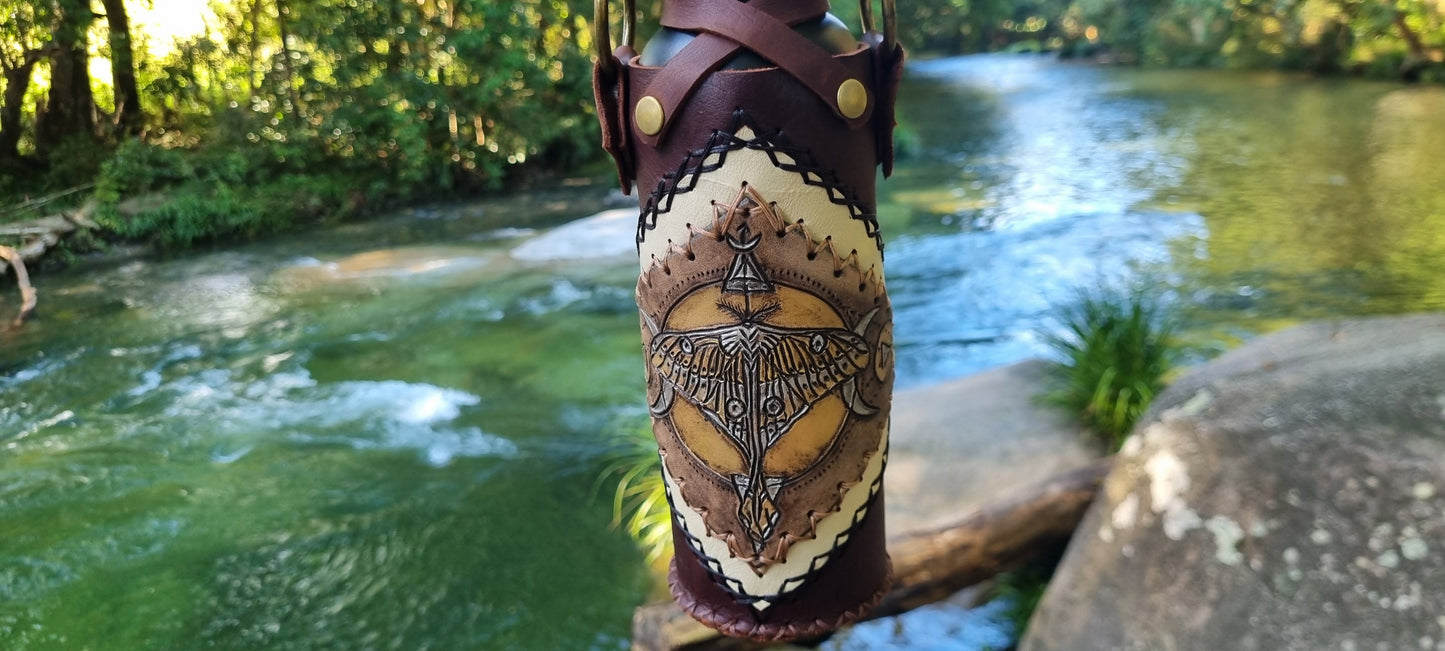 Carved Moth Leather Drink Bottle Holder