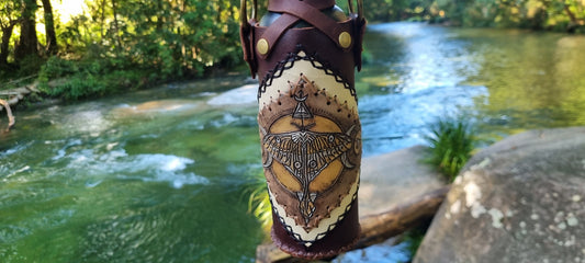 Carved Moth Leather Drink Bottle Holder
