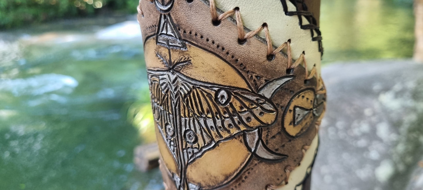 Carved Moth Leather Drink Bottle Holder
