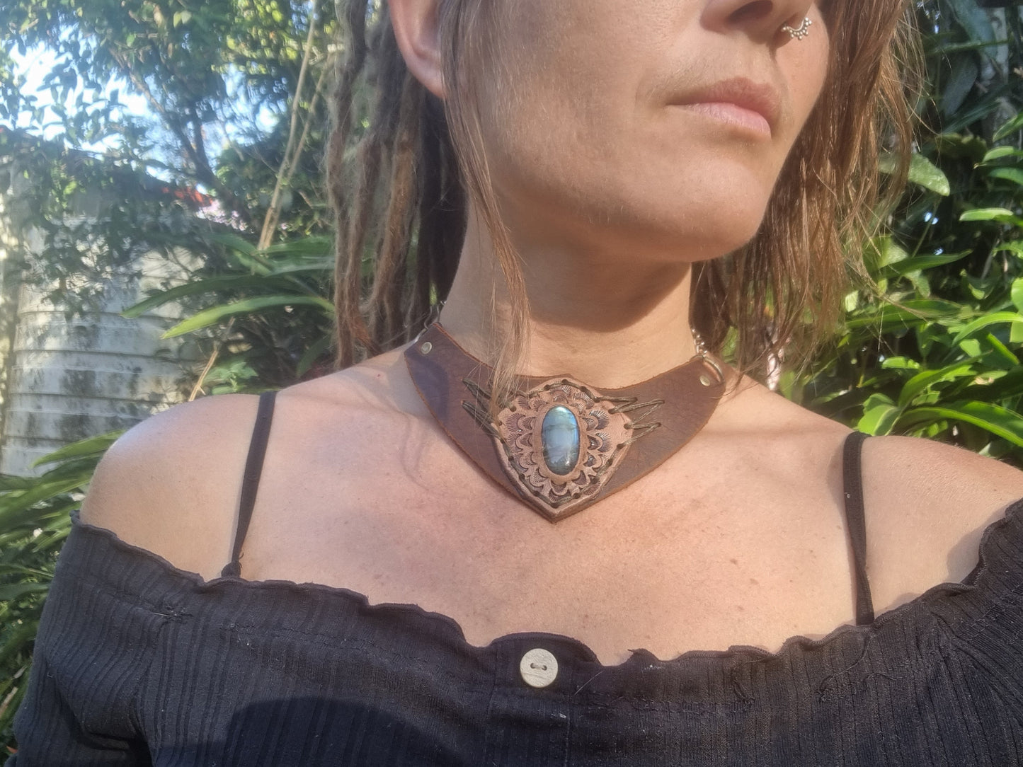 Labrodirite leather choker/ necklace