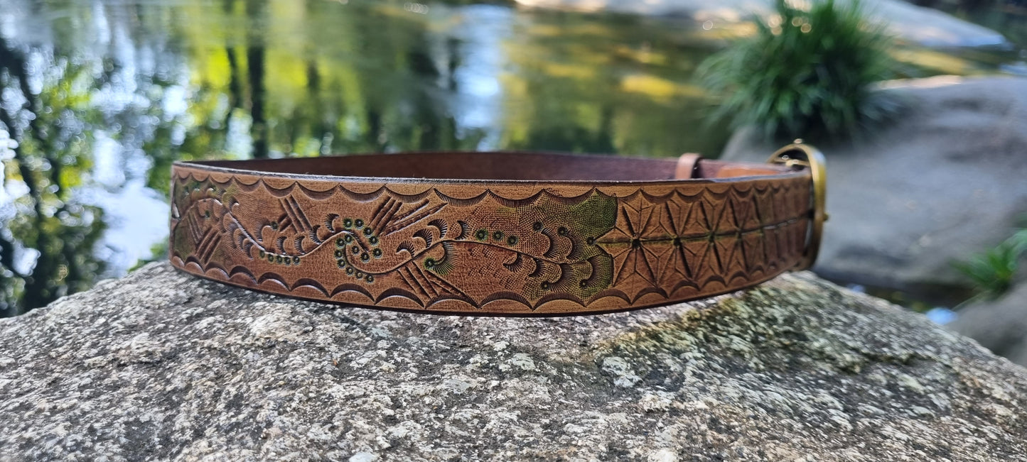 Stamped and carved leather belt