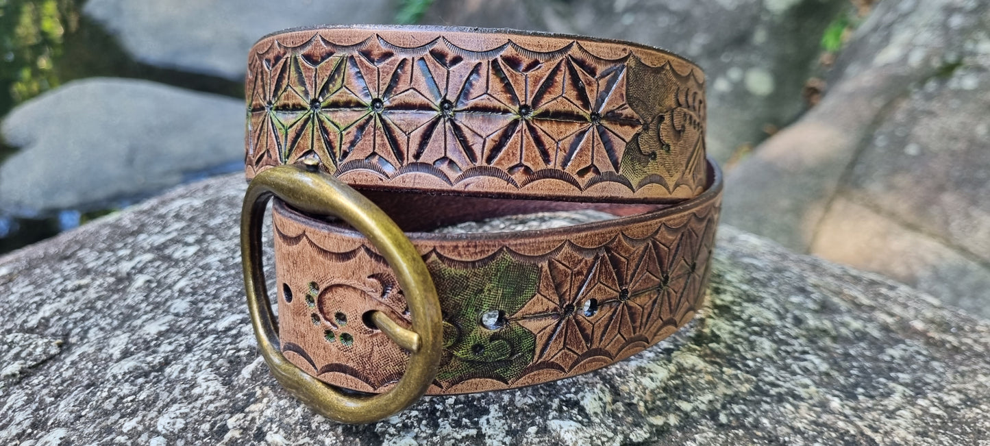 Stamped and carved leather belt