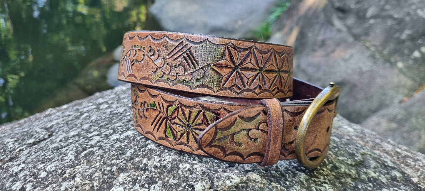 Stamped and carved leather belt