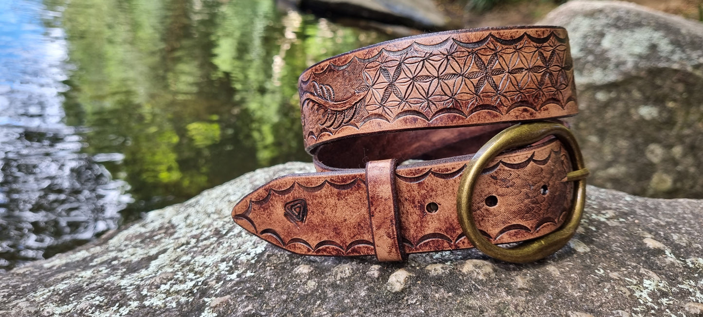 Stamped and carved leather belt