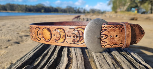 Custom stamped and carved leather belt