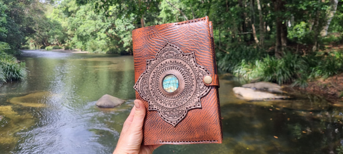 Carved journal cover with labrodorite