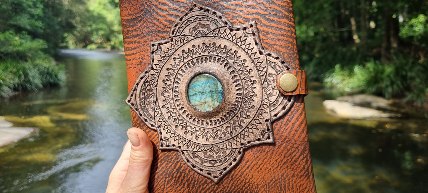 Carved journal cover with labrodorite