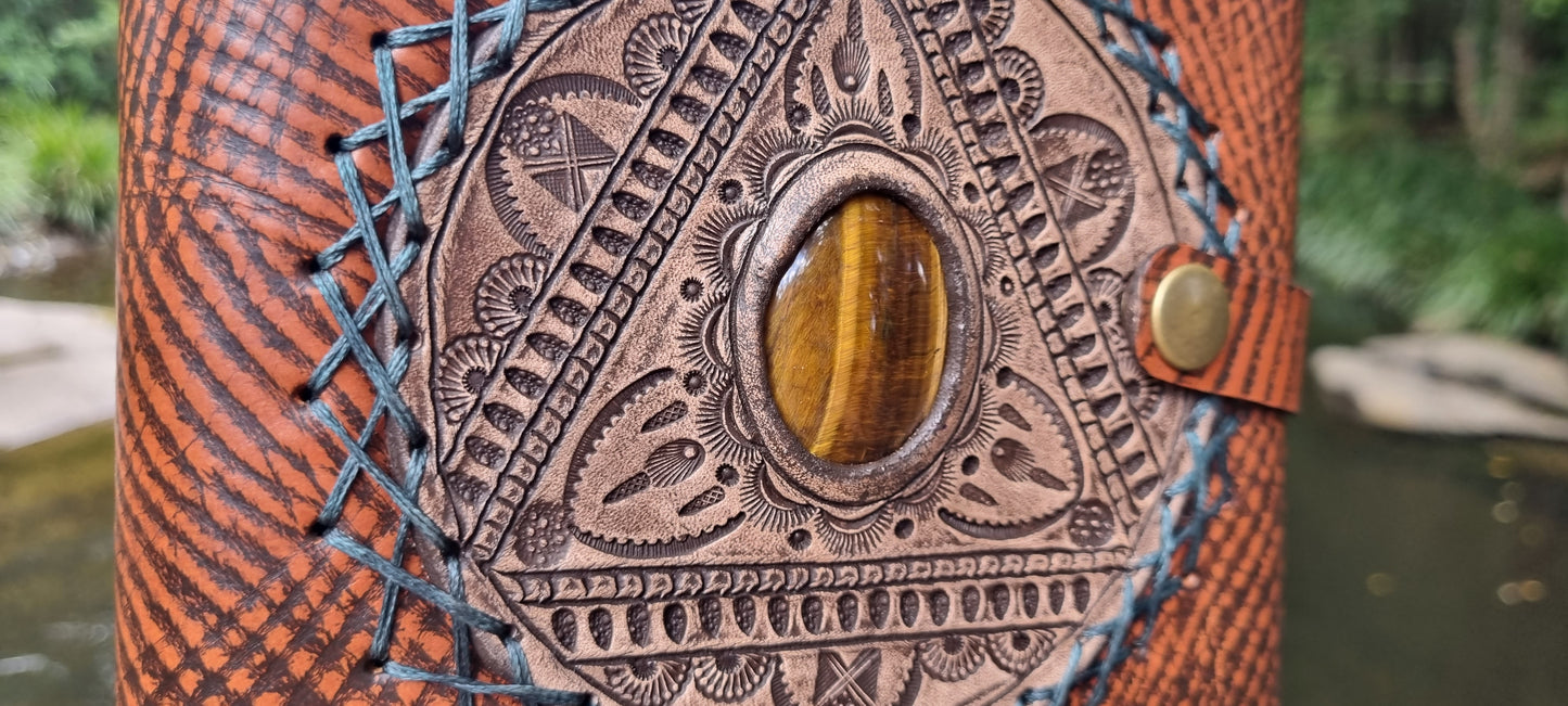 Carved journal cover with tigers eye