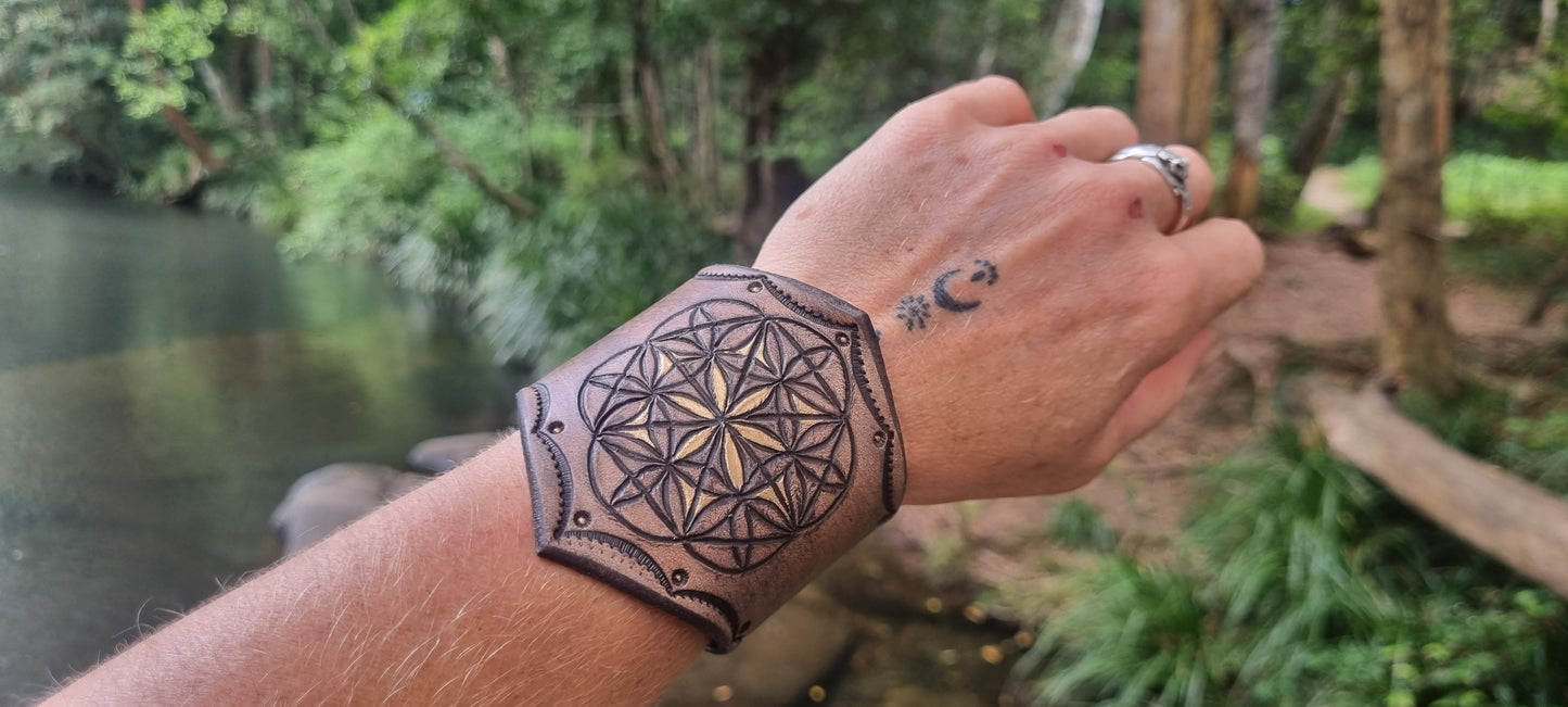 Sacred geometry leather cuff